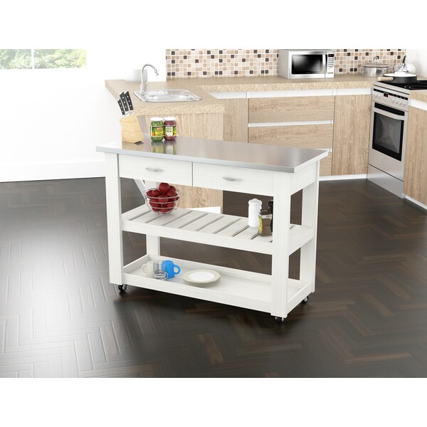 Kitchen Cart in White with Stainless Steel top 46.8 in. W x 33.8 in. H x 19.7 in. W